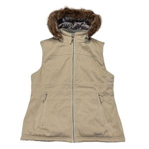 Cabela's Vest Womens Large Beige Primaloft Removable Hood Sherpa Lined Full Zip